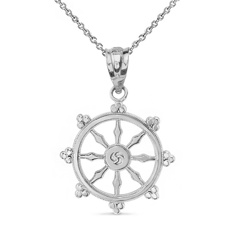 Claddagh Gold Religious Jewelry Sterling Silver Dharma Wheel Buddhism Symbol Dharmachakra Necklace, 16" - Image 1